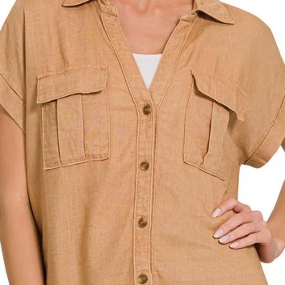NWT - Linen Blend Acid Washed Button-Down Batwing Sleeve Shirt - Ash Black- L